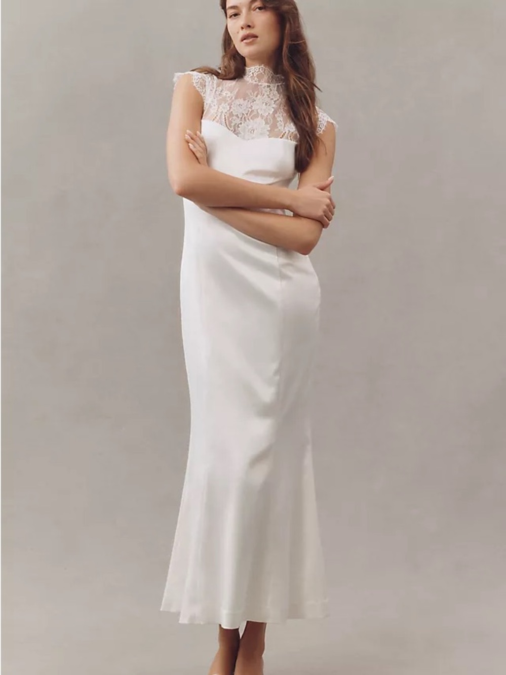 BHLDN CAP-SLEEVE LACE SATIN MAXI DRESS